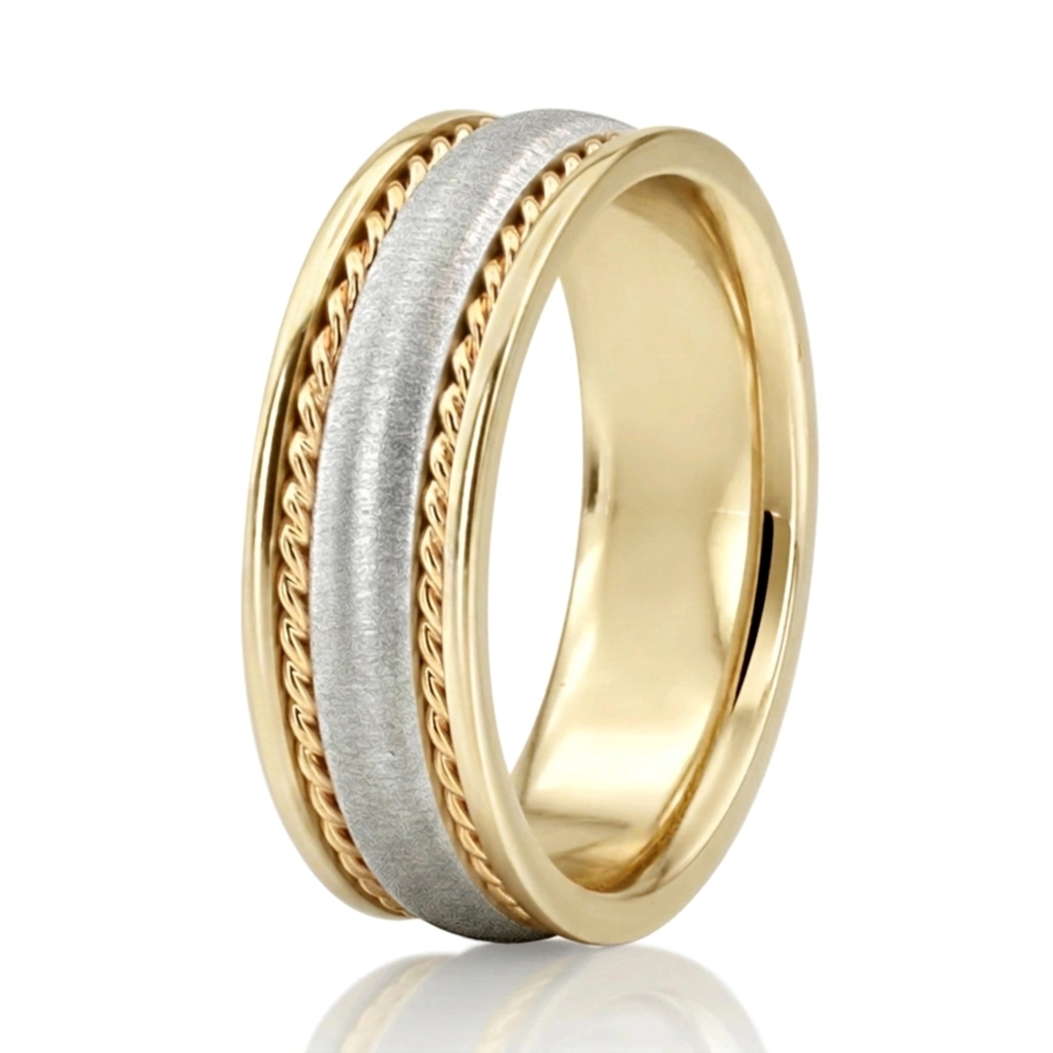 10K yellow-white-yellow gold 7mm. cross satin hand-made-wedding-band - alternate view 3