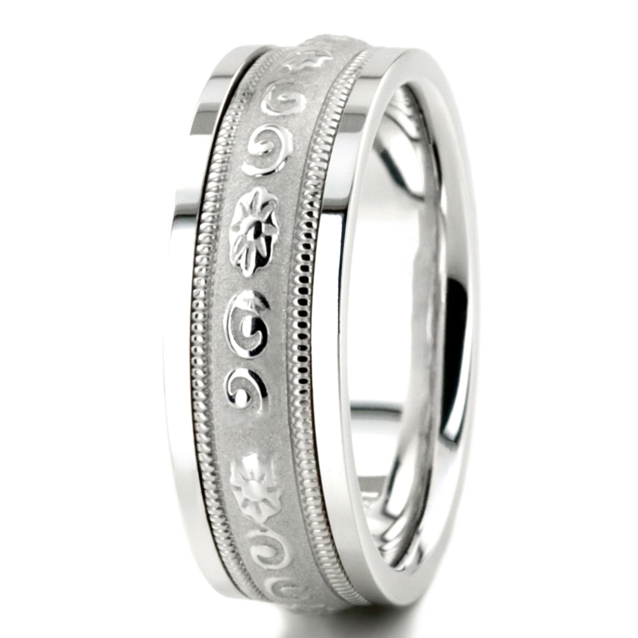 14K white gold 7mm. high polish hand-made-antique-wedding-band - alternate view 6