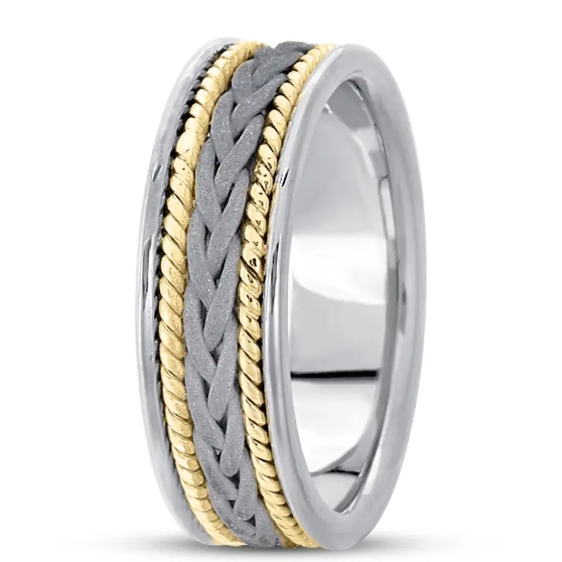 10K w-y-w-y-w gold 7mm. sand blast hand-made-woven-wedding-band - main view