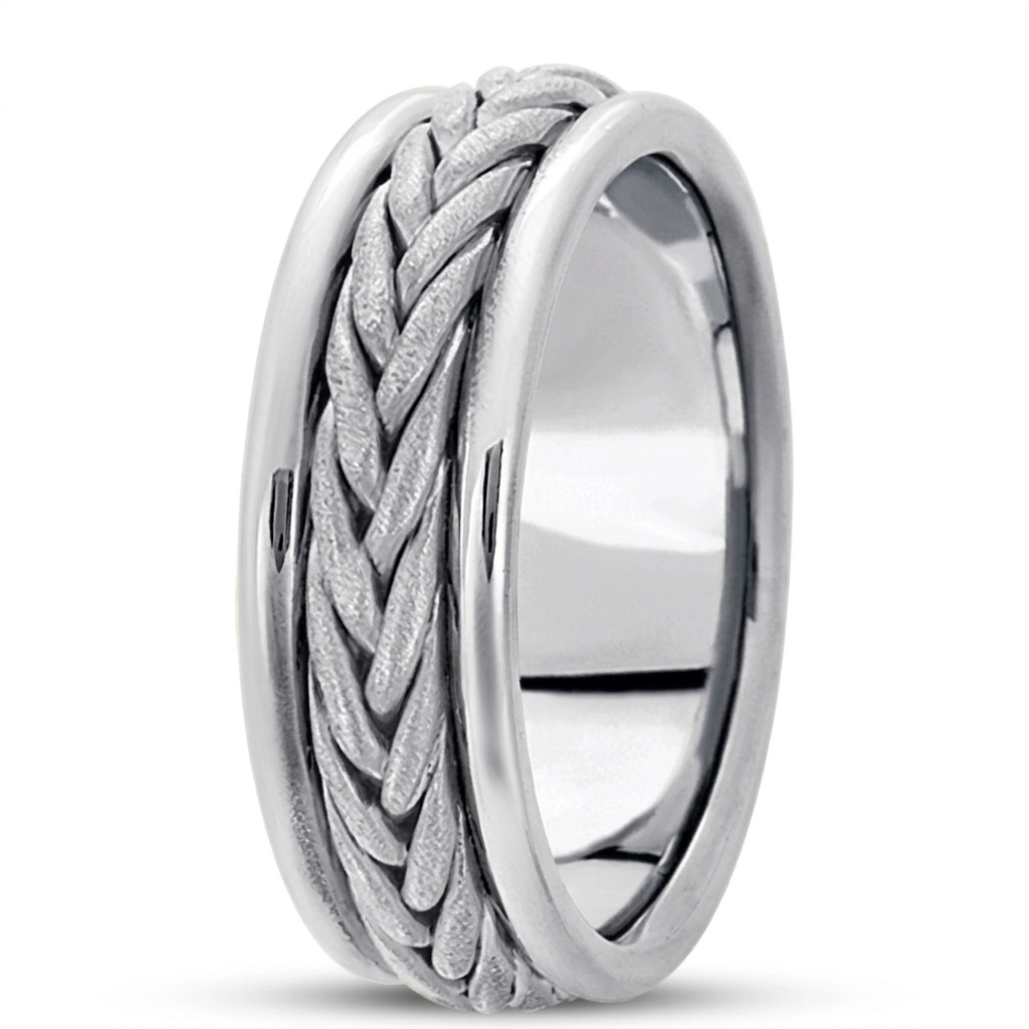 10K white gold 7mm. cross satin hand-made-hand-woven-wedding-band - main view