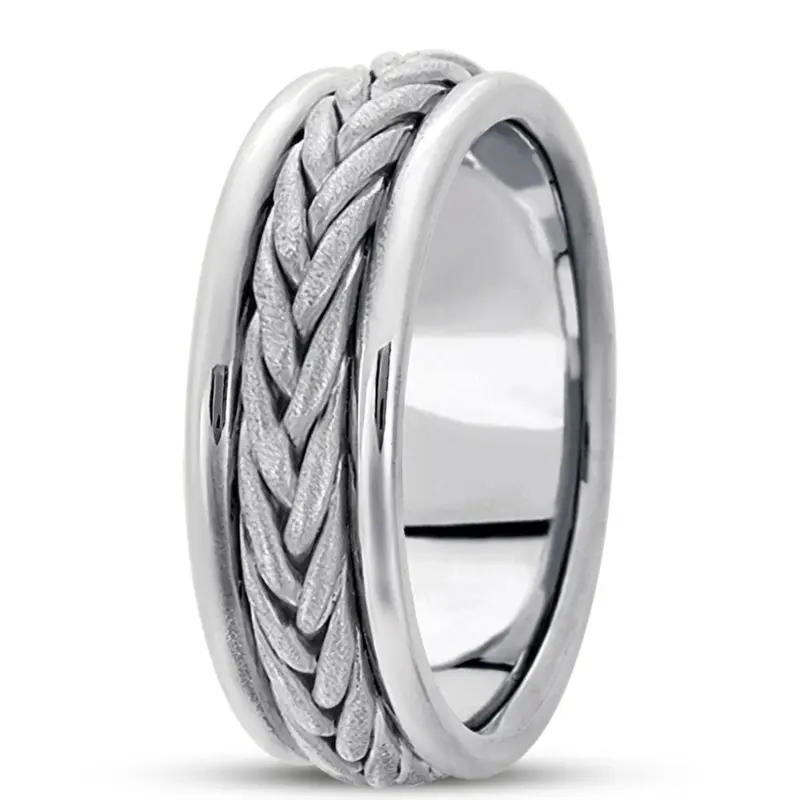 14K white gold 7mm. cross satin hand-made-hand-woven-wedding-band - main view