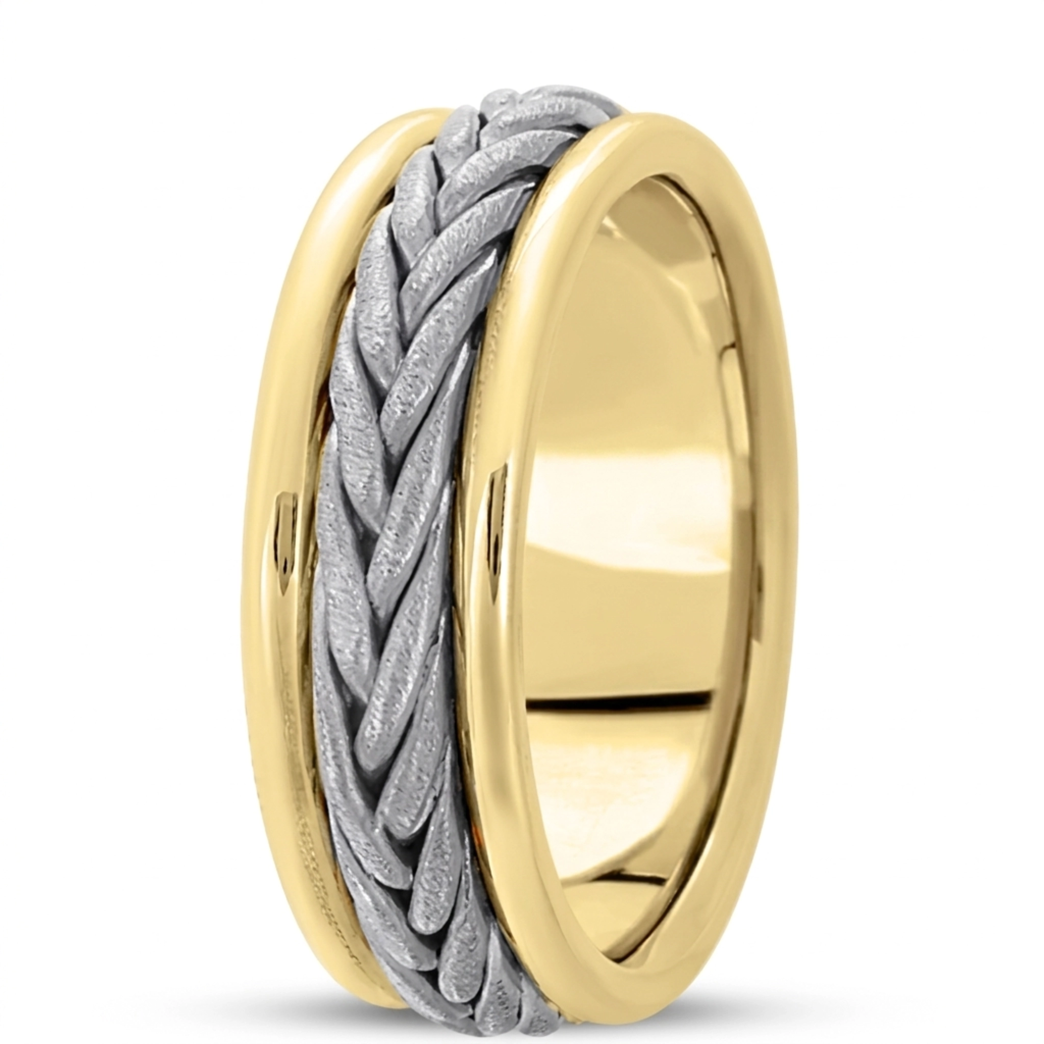 10K yellow-white-yellow gold 7mm. cross satin hand-made-hand-woven-wedding-band - alternate view 3