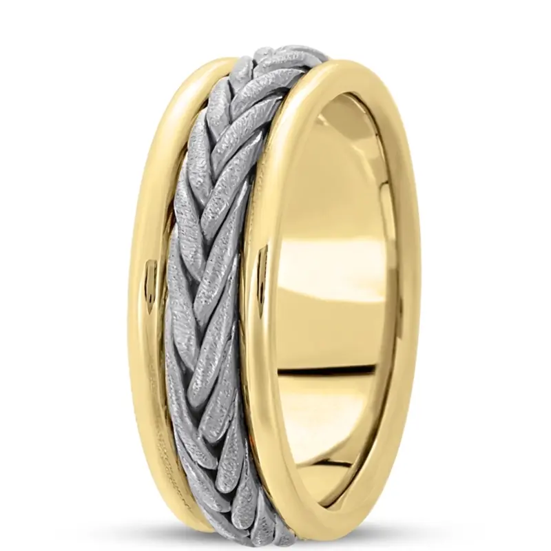 14K yellow-white-yellow gold 7mm. cross satin hand-made-hand-woven-wedding-band - alternate view 3