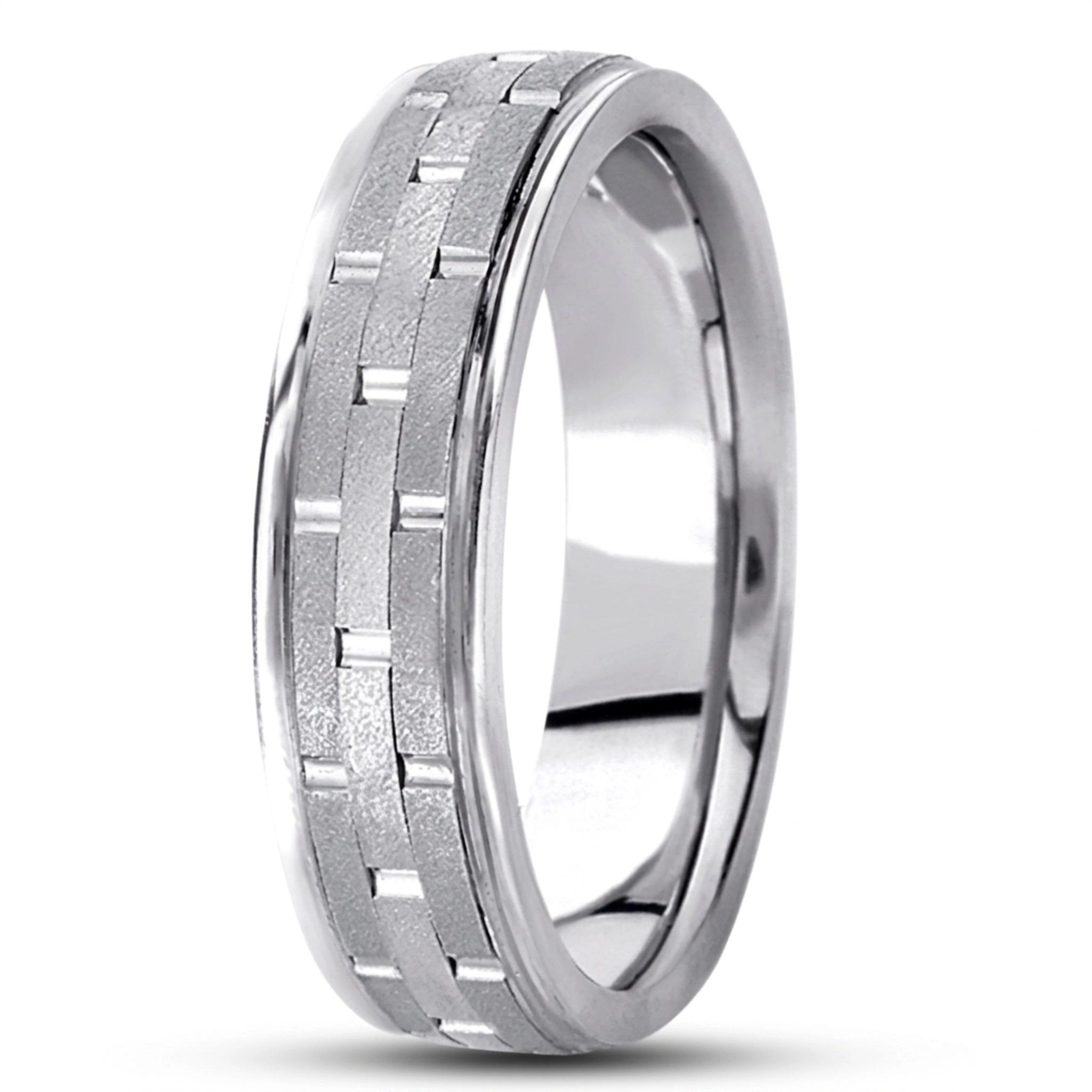 10K white gold 6mm. stone finish fancy-carved-contemporary-wedding-band - alternate view 2