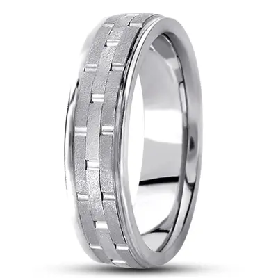 10K white gold 6mm. stone finish fancy-carved-contemporary-wedding-band - alternate view 2 thumbnail