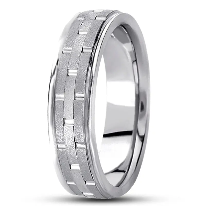 10K white gold 6mm. stone finish fancy-carved-contemporary-wedding-band - alternate view 2