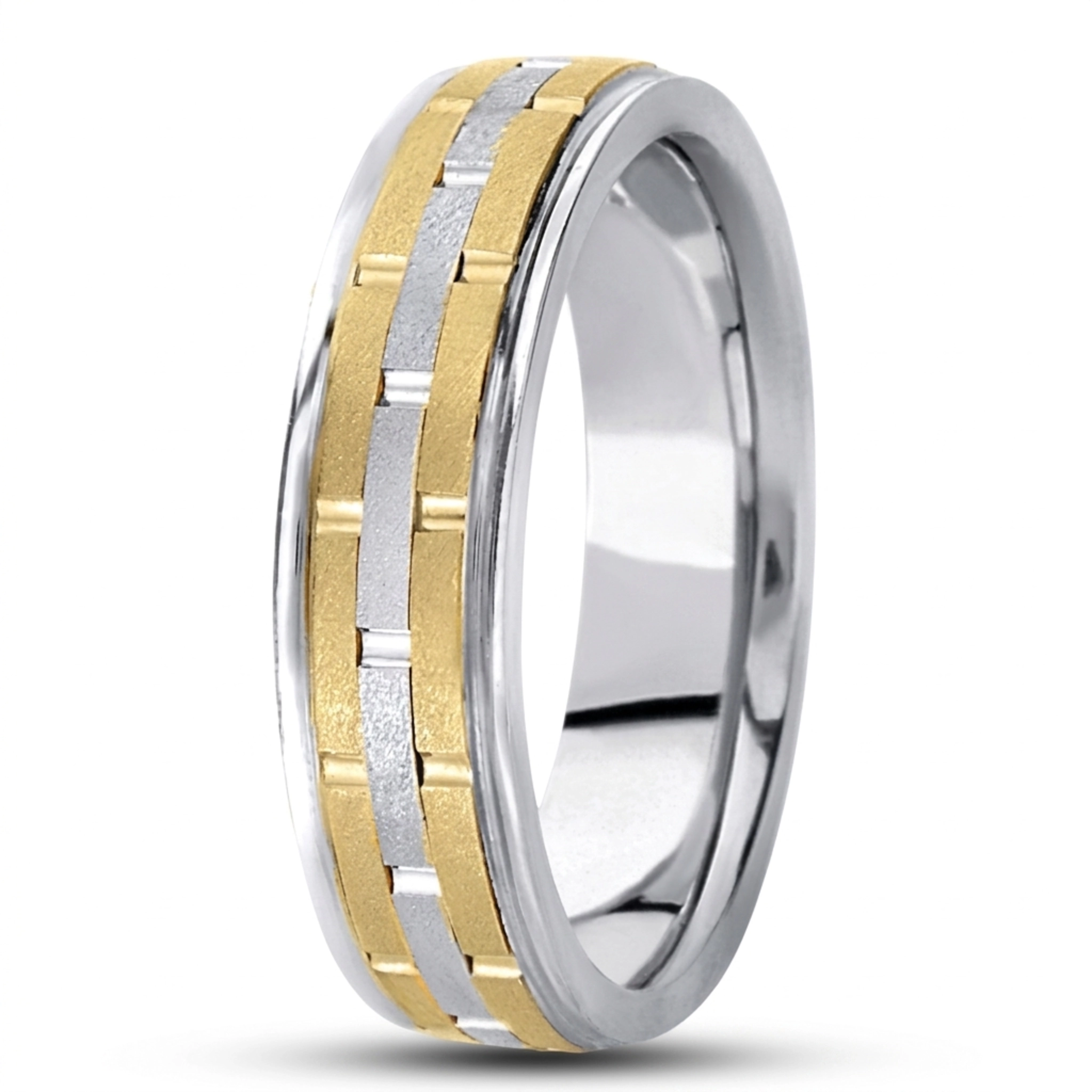 10K w-y-w-y-w gold 6mm. stone finish fancy-carved-contemporary-wedding-band - main view
