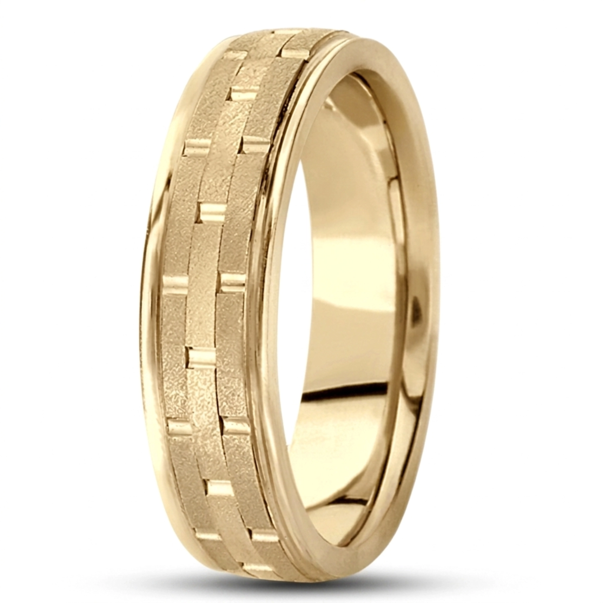 10K yellow gold 6mm. stone finish fancy-carved-contemporary-wedding-band - alternate view 3