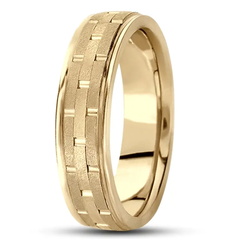 10K yellow gold 6mm. stone finish fancy-carved-contemporary-wedding-band - alternate view 3