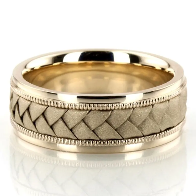 10K yellow gold 8mm. sand blast hand-made-woven-wedding-band - main view