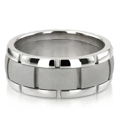 10K white gold 7.5mm. sand blast fancy-carved-contemporary-wedding-band - alternate view 3 thumbnail