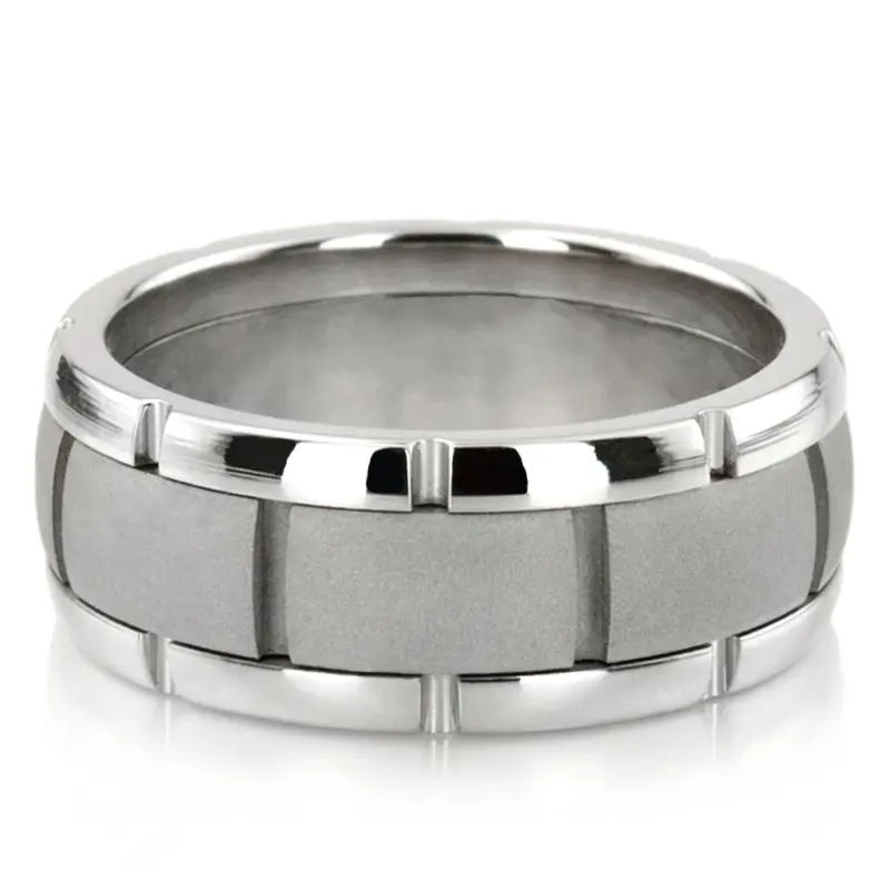 10K white gold 7.5mm. sand blast fancy-carved-contemporary-wedding-band - alternate view 3