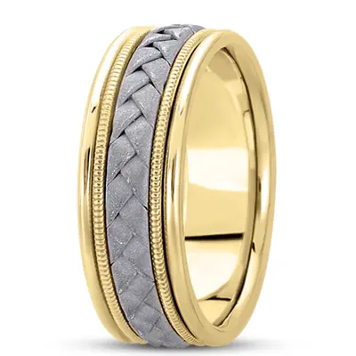 10K yellow-white-yellow gold 8mm. sand blast hand-made-woven-wedding-band - alternate view 6 thumbnail