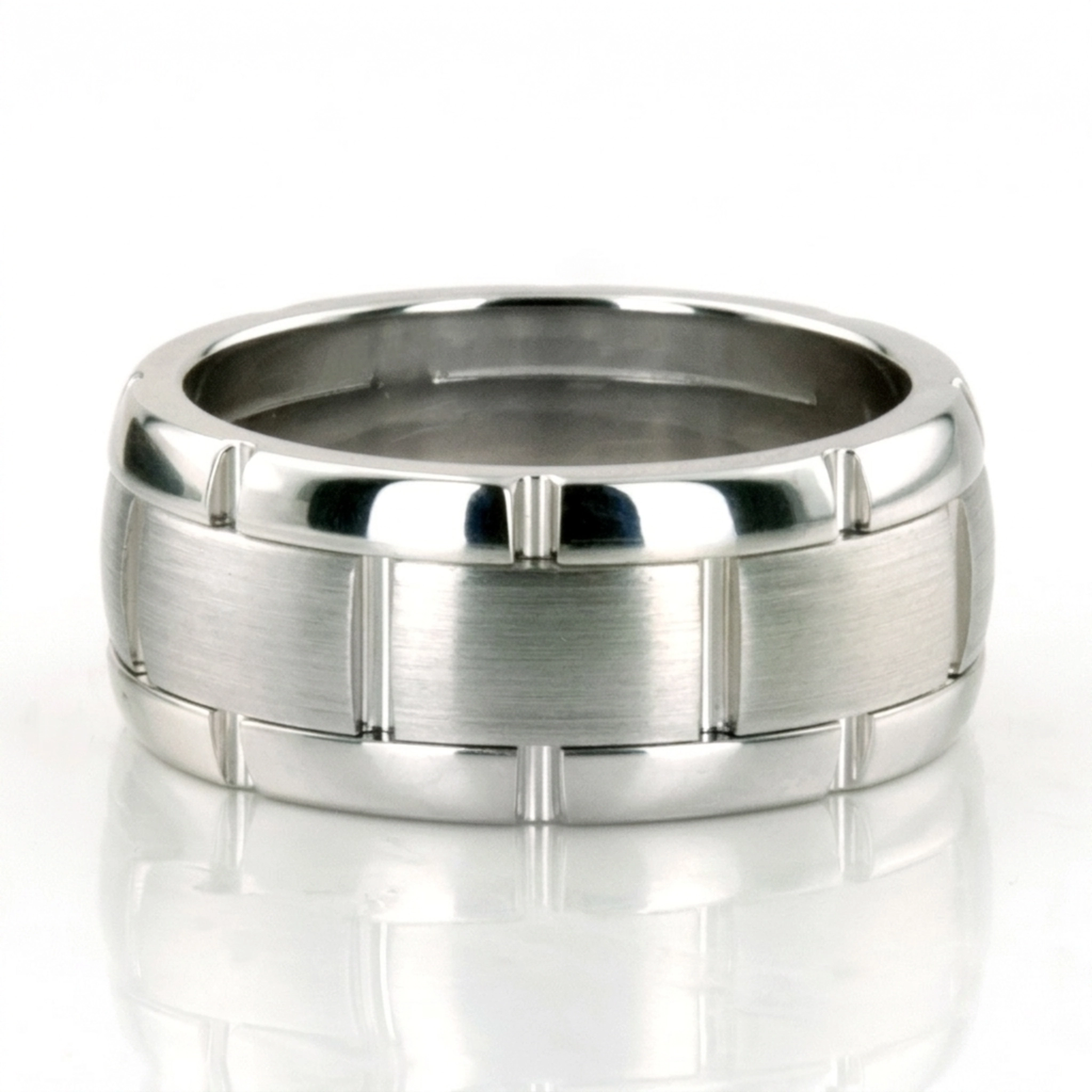 10K white gold 8.5mm. satin fancy-carved-contemporary-wedding-band - main view