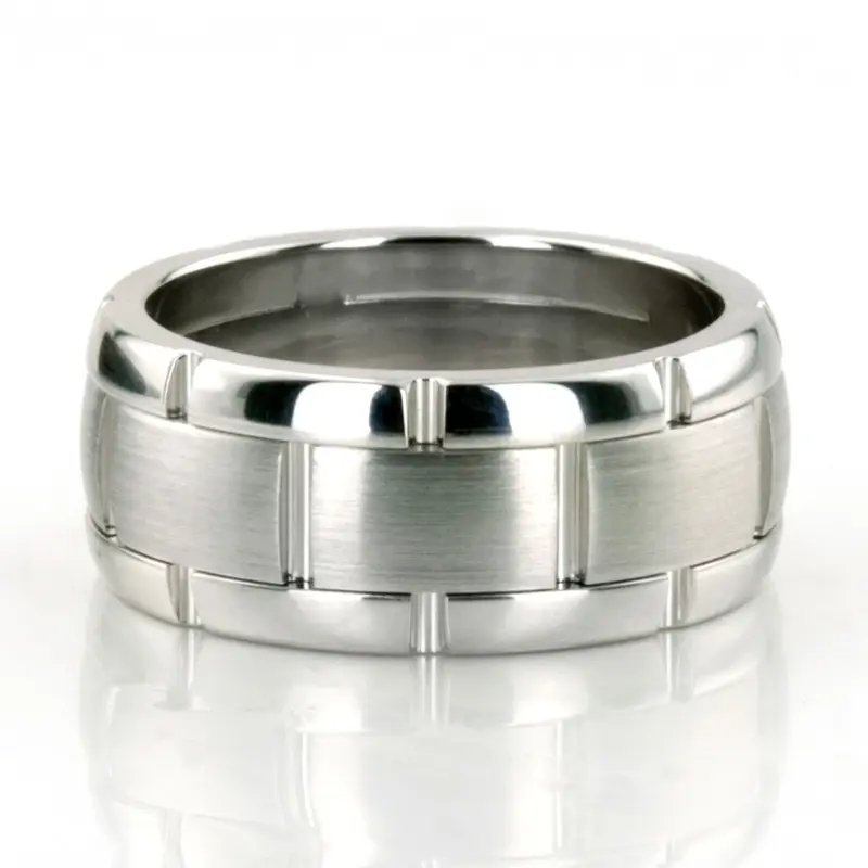 10K white gold 8.5mm. satin fancy-carved-contemporary-wedding-band - main view
