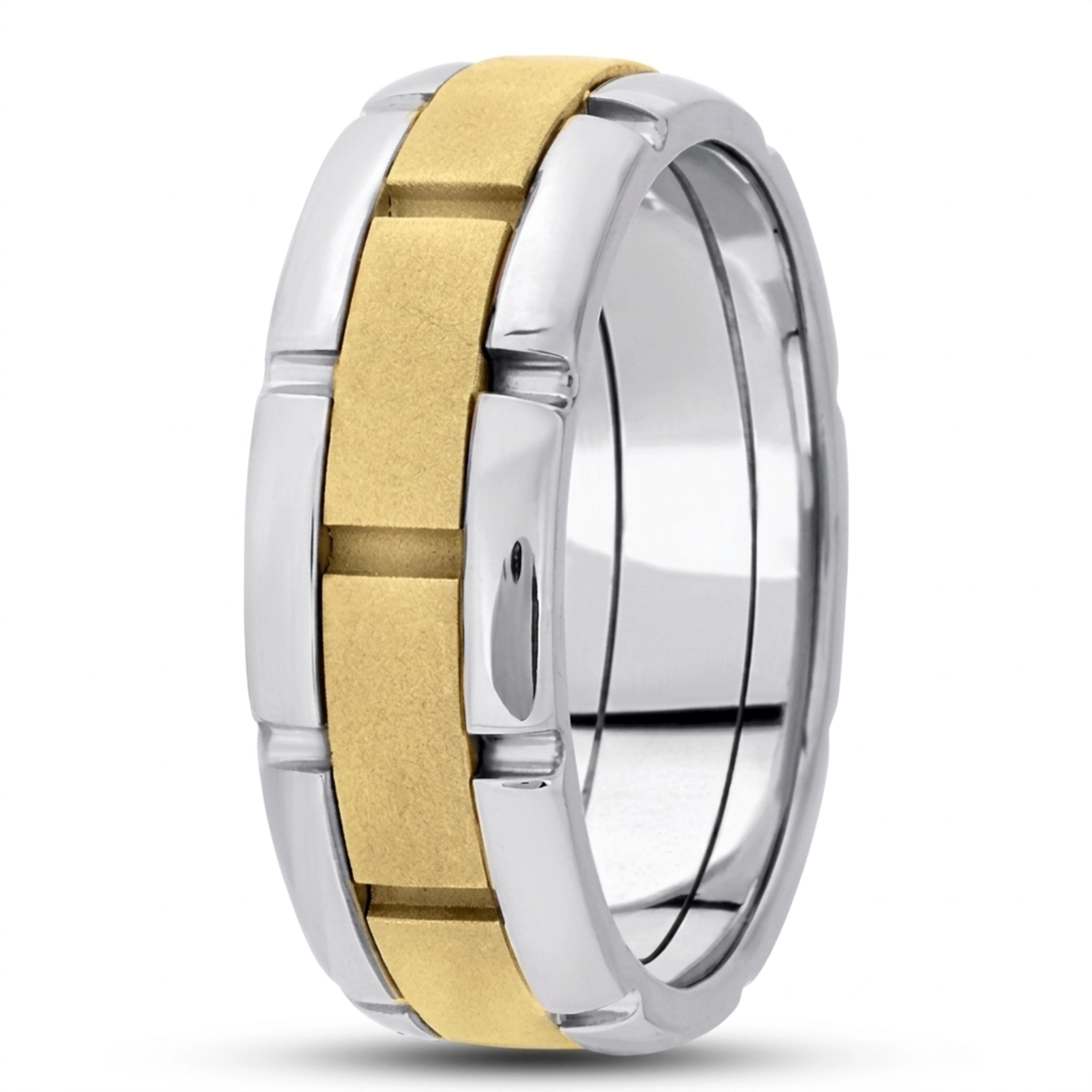 10K white-yellow-white gold 8.5mm. sand blast fancy-carved-contemporary-wedding-band - alternate view 6