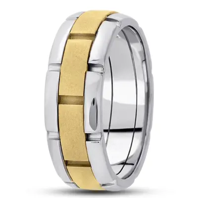 10K white-yellow-white gold 8.5mm. sand blast fancy-carved-contemporary-wedding-band - alternate view 6 thumbnail