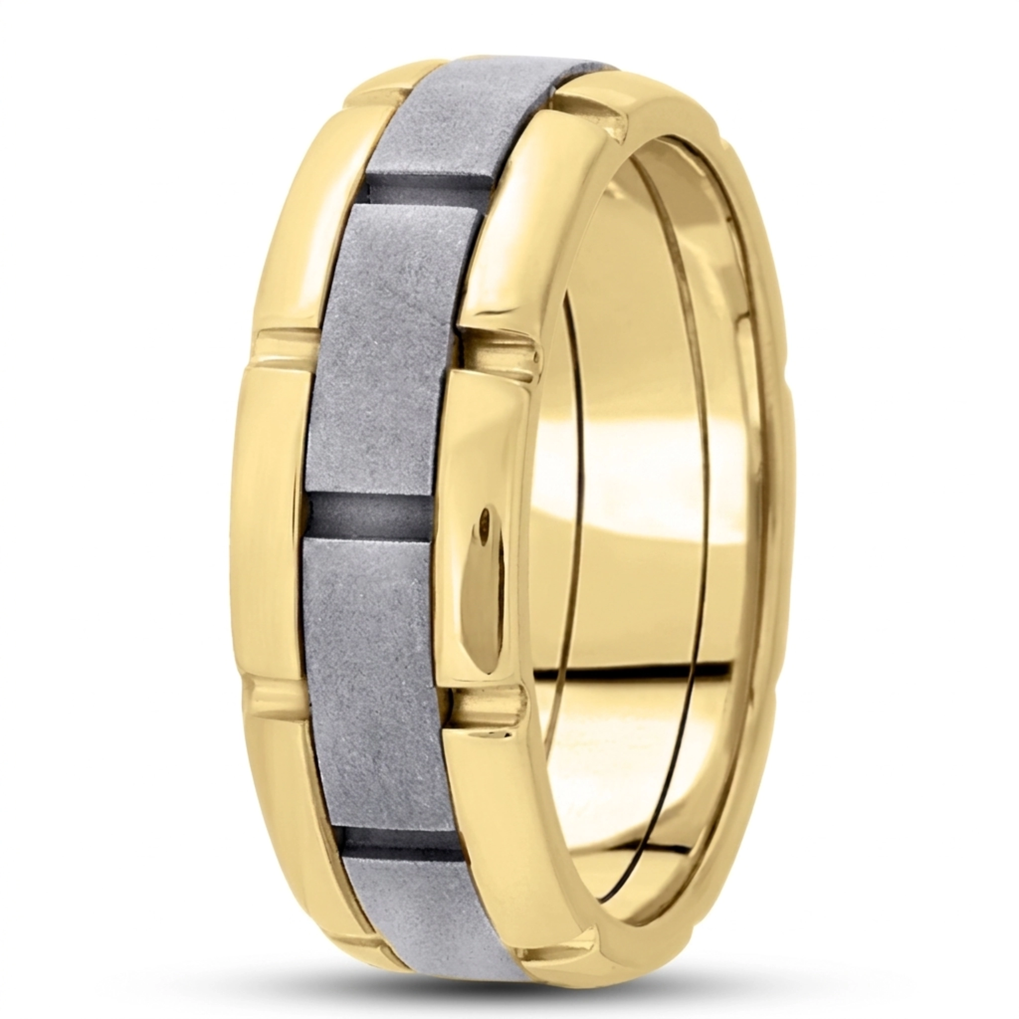 10K yellow-white-yellow gold 8.5mm. sand blast fancy-carved-contemporary-wedding-band - alternate view 5