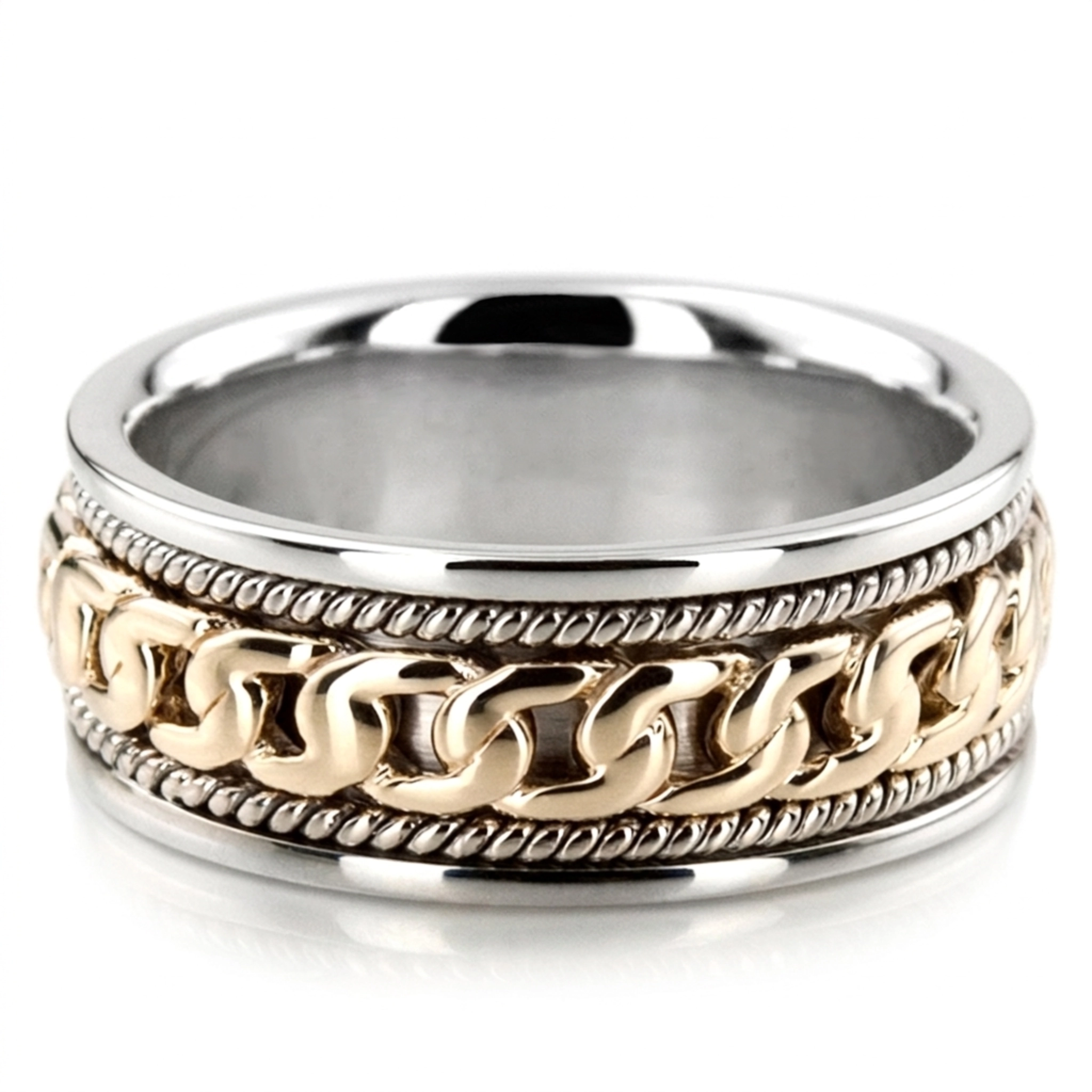 10K white-yellow-white gold 7.5mm. high polish hand-made-hand-woven-wedding-band - main view
