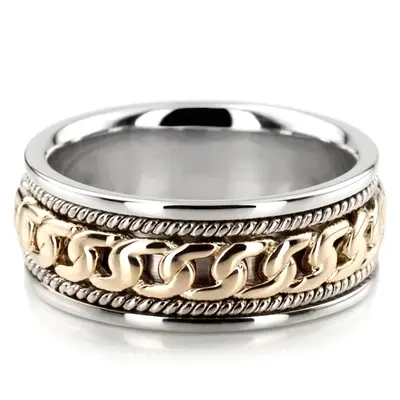 10K white-yellow-white gold 7.5mm. high polish hand-made-hand-woven-wedding-band - main view thumbnail