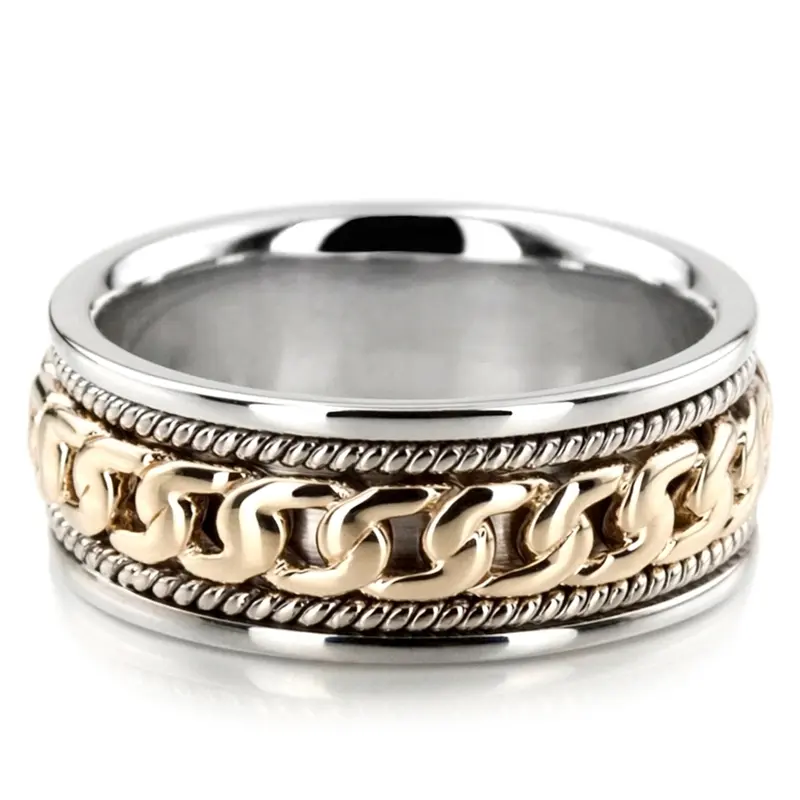 14K white-yellow-white gold 7.5mm. high polish hand-made-hand-woven-wedding-band - main view