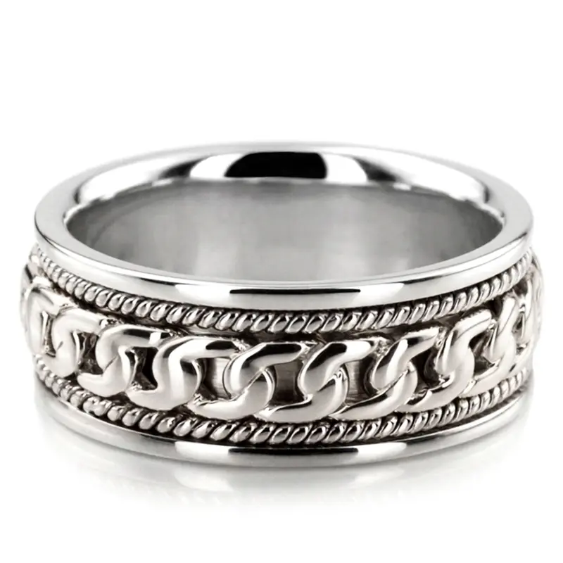 14K white gold 7.5mm. high polish hand-made-hand-woven-wedding-band - alternate view 2