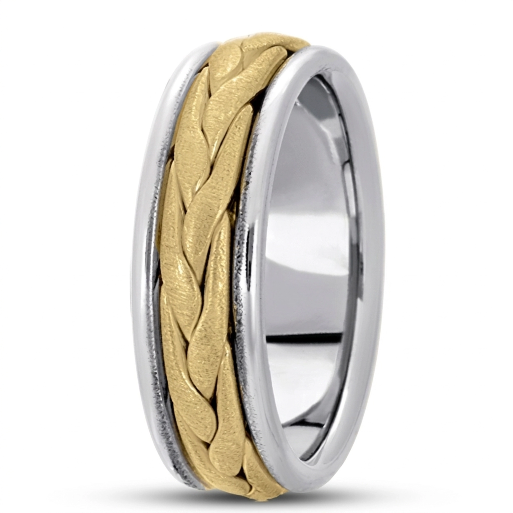 10K white-yellow-white gold 7mm. satin hand-made-woven-wedding-band - main view