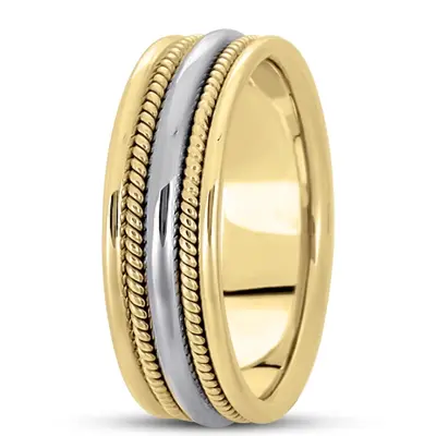10K yellow-white-yellow gold 7mm. high polish hand-made-woven-wedding-band - main view thumbnail