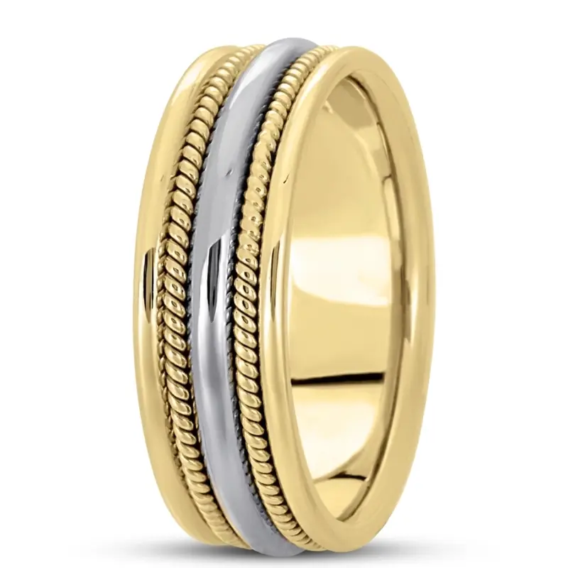 14K yellow-white-yellow gold 7mm. high polish hand-made-woven-wedding-band - main view