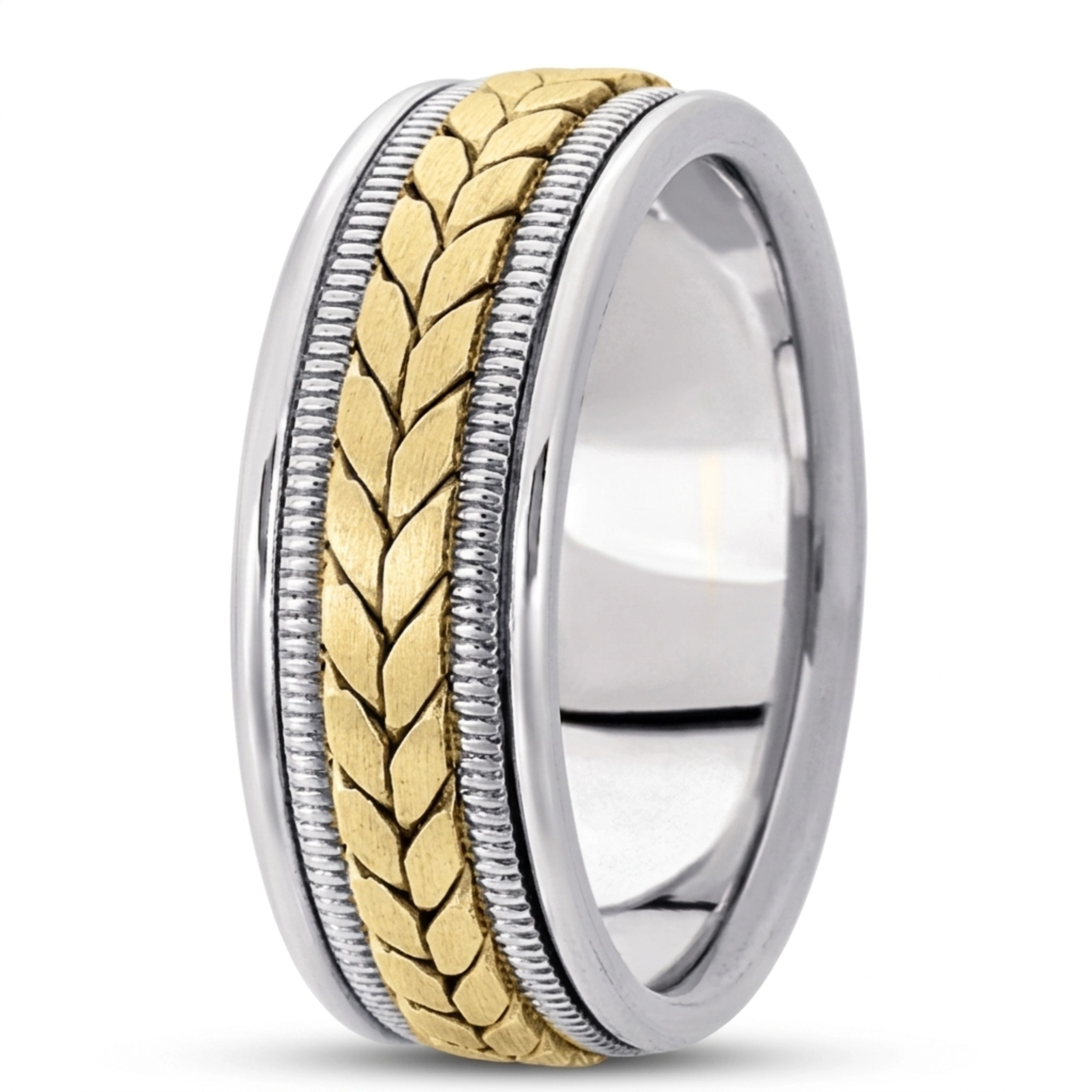 10K white-yellow-white gold 8mm. satin hand-made-woven-wedding-ring - main view