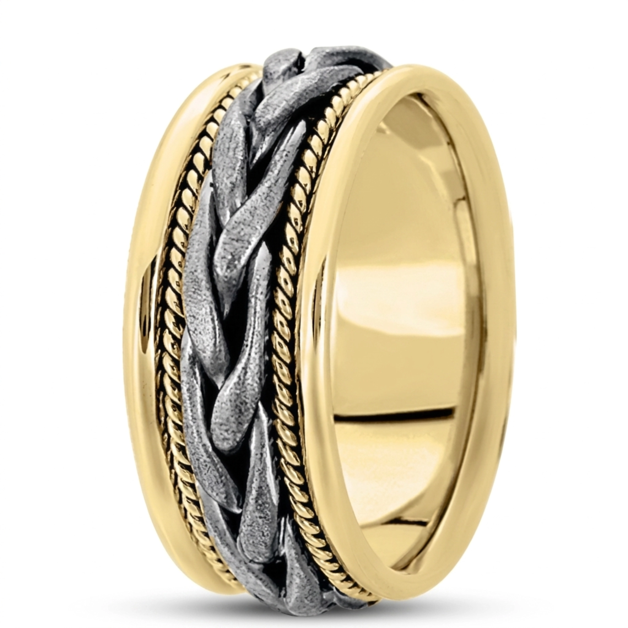 10K yellow-white-yellow gold 9.5mm. satin hand-made-woven-wedding-ring - alternate view 4