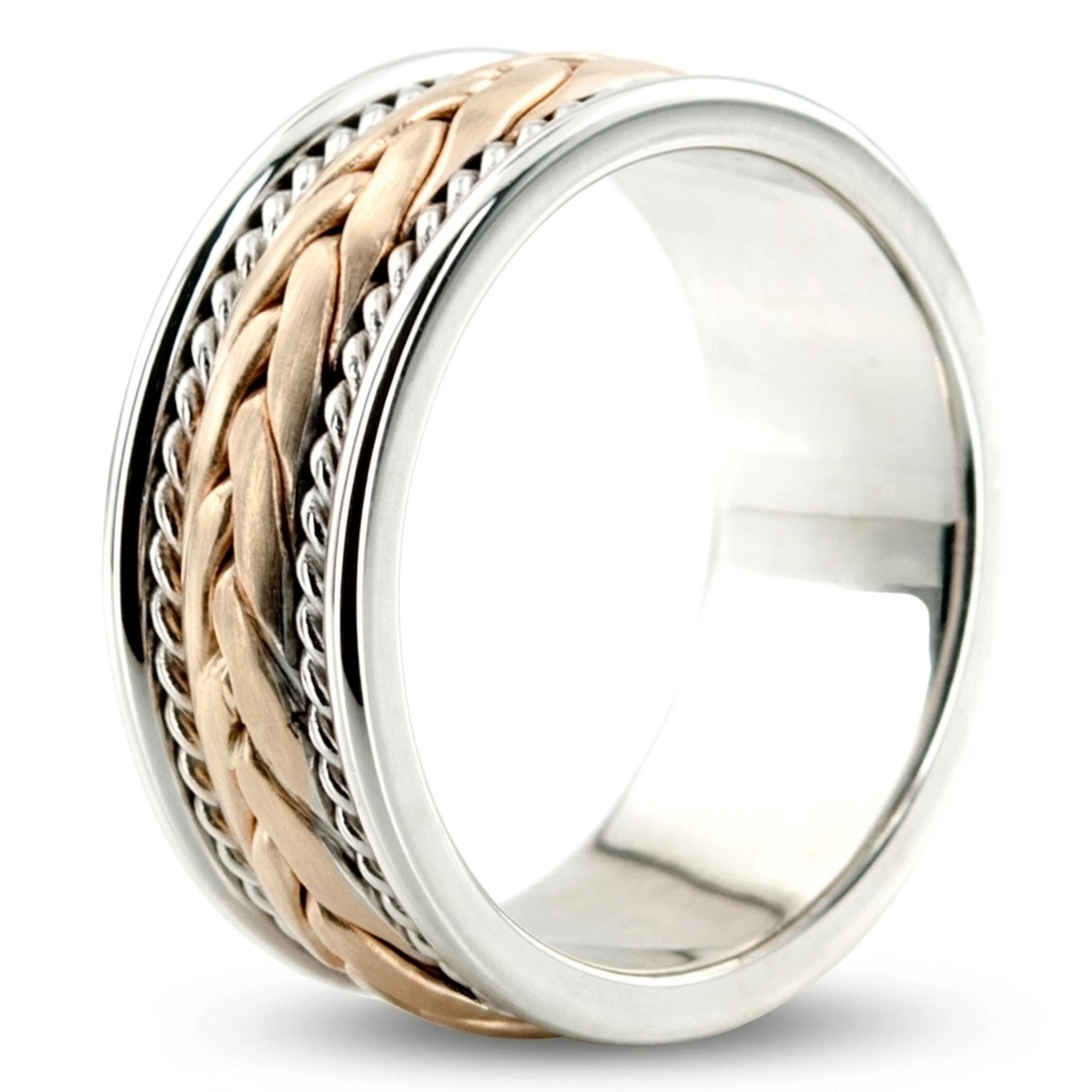 10K white-yellow-white gold 7.5mm. satin hand-made-woven-wedding-ring - alternate view 8