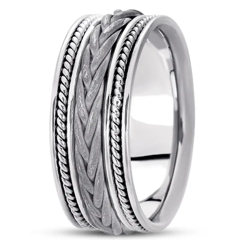 14K white gold 9mm. sand blast hand-made-woven-wedding-ring - alternate view 2