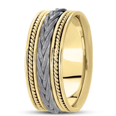10K yellow-white-yellow gold 9mm. sand blast hand-made-woven-wedding-ring - alternate view 6 thumbnail