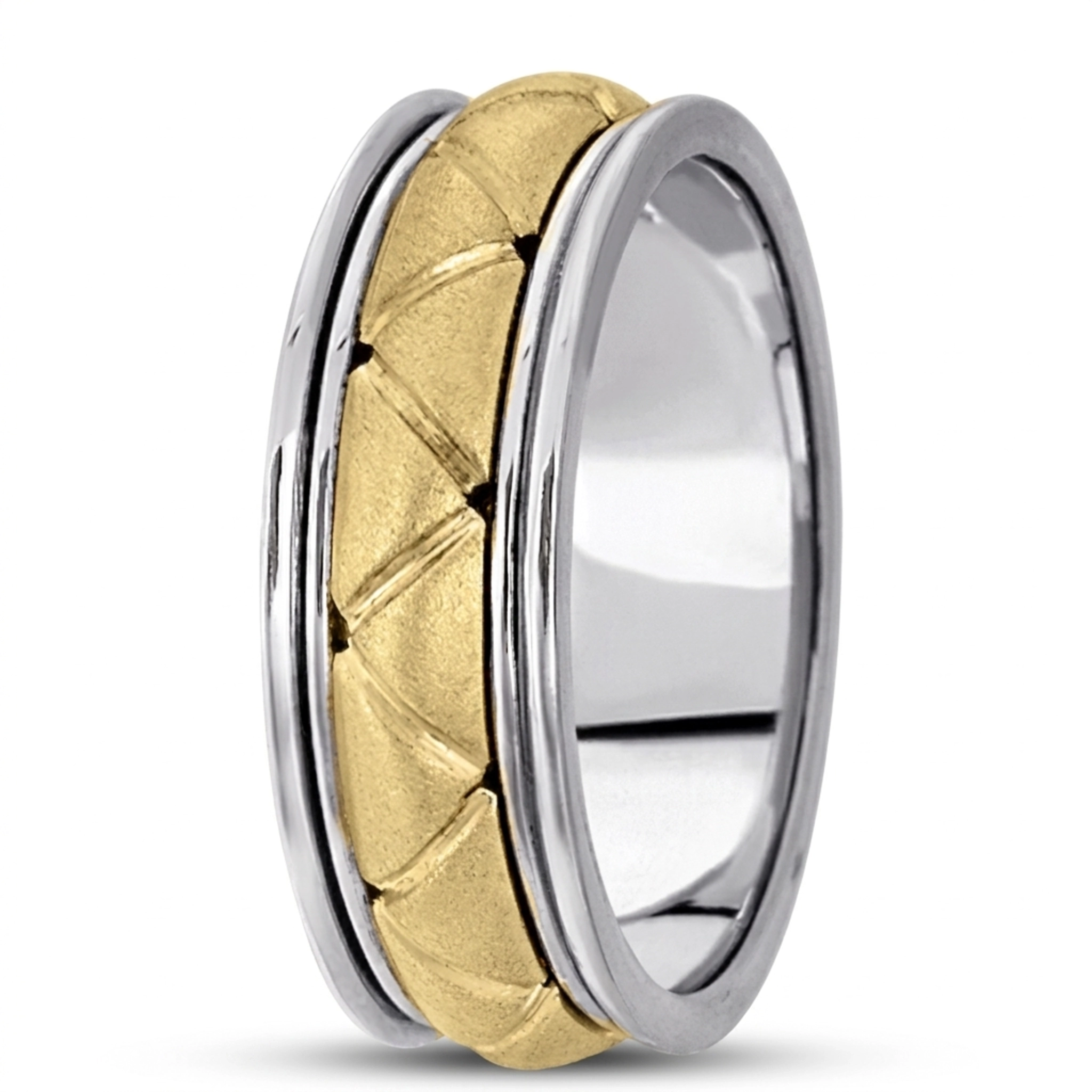 10K white-yellow-white gold 7mm. satin hand-made-contemporary-wedding-band - main view