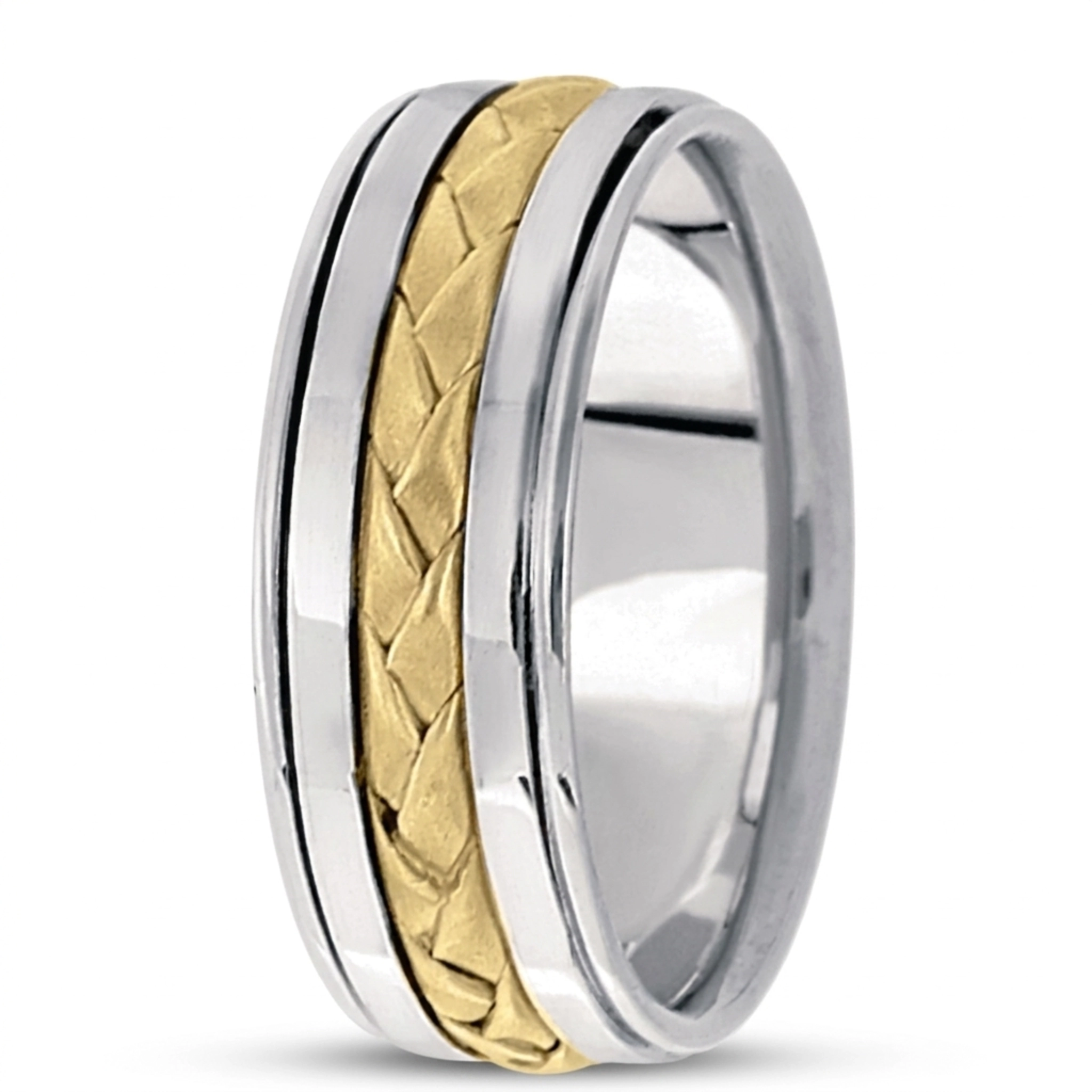 10K white-yellow-white gold 8mm. sand blast hand-made-hand-woven-wedding-band - main view