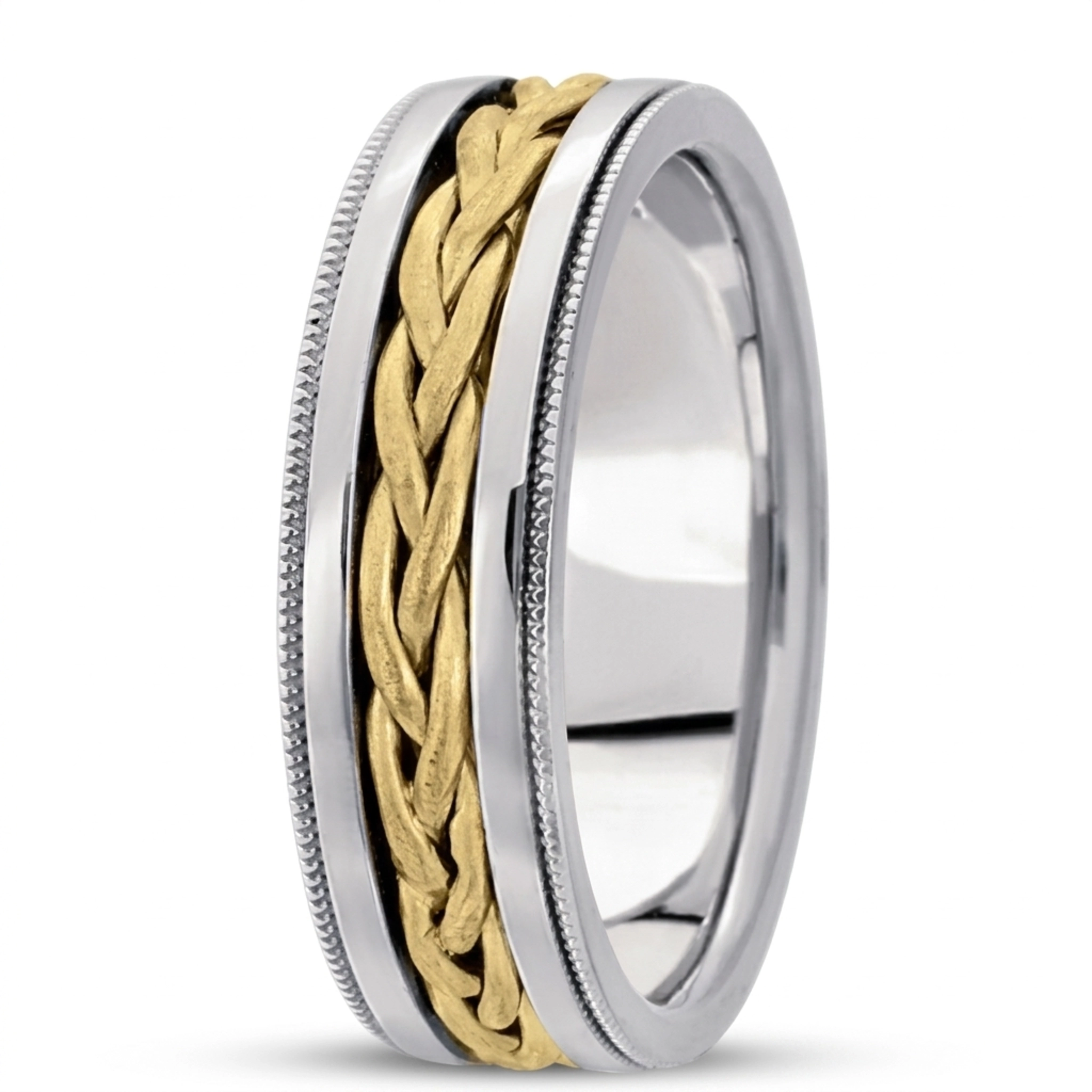 10K white-yellow-white gold 8mm. wire matte hand-made-hand-woven-wedding-band - main view