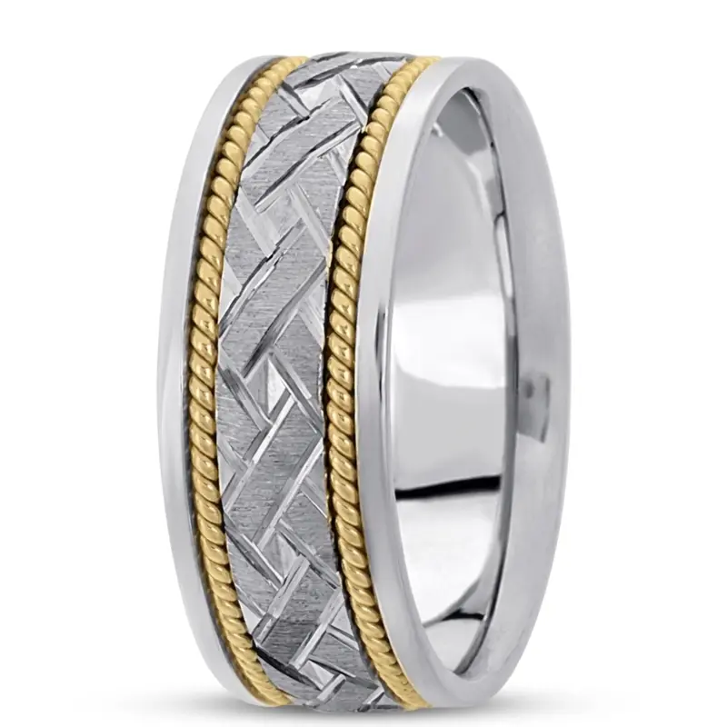 10K w-y-w-y-w gold 8.5mm. cross satin hand-made-modern-wedding-band - main view