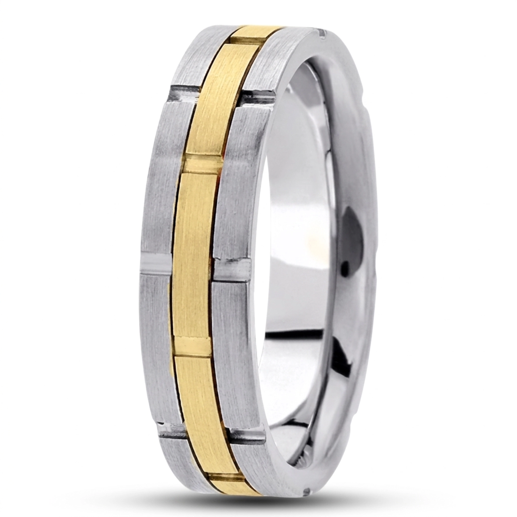 10K white-yellow-white gold 6mm. satin fancy-carved-contemporary-wedding-band - main view