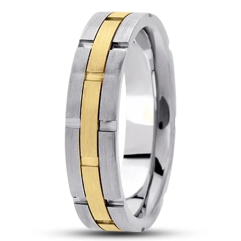 10K white-yellow-white gold 6mm. satin fancy-carved-contemporary-wedding-band - main view
