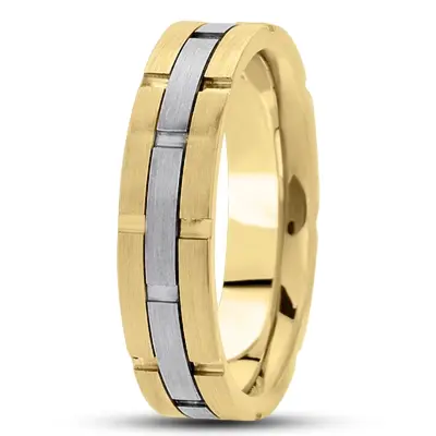 10K yellow-white-yellow gold 6mm. satin fancy-carved-contemporary-wedding-band - alternate view 4 thumbnail