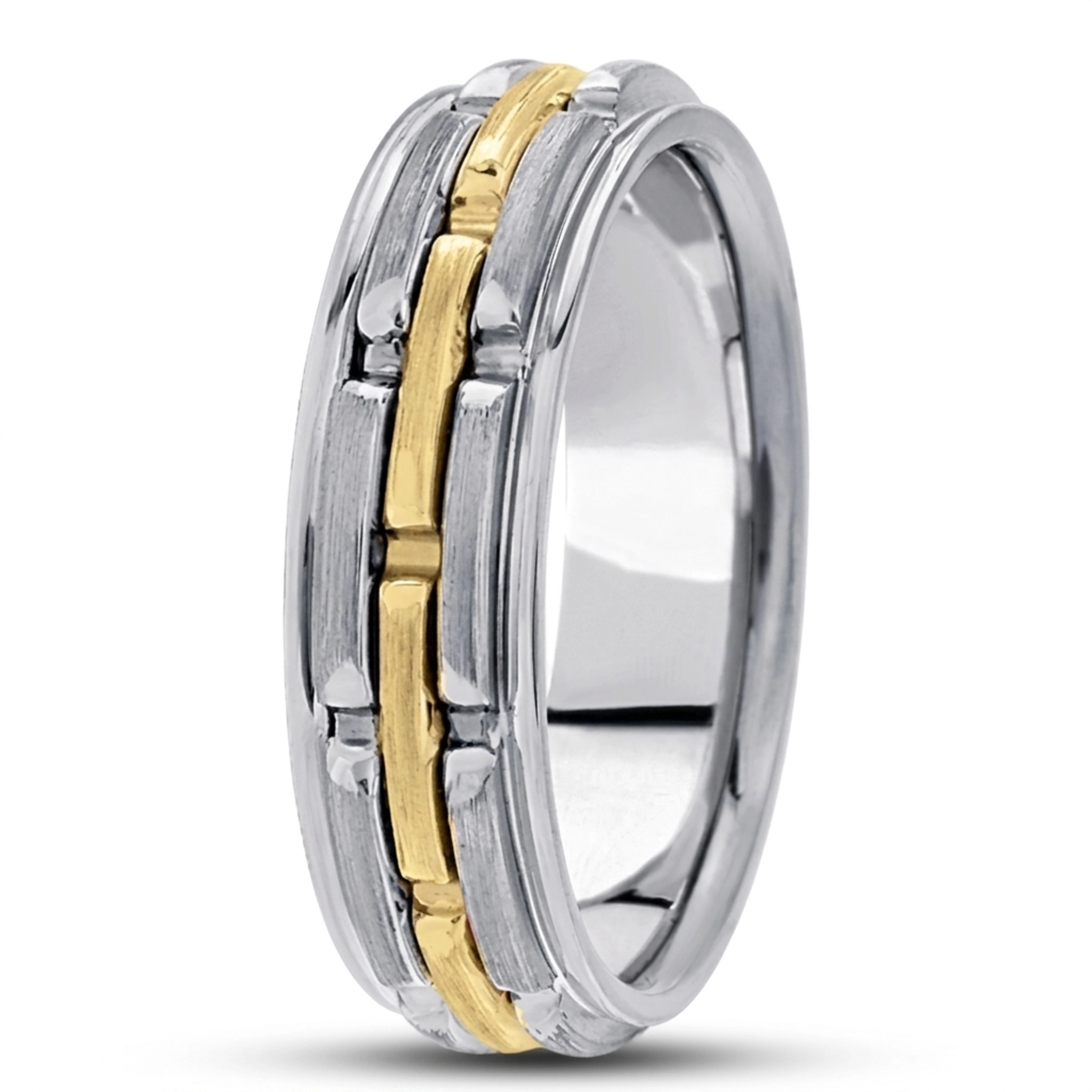 10K white-yellow-white gold 6mm. satin fancy-carved-contemporary-wedding-band - main view