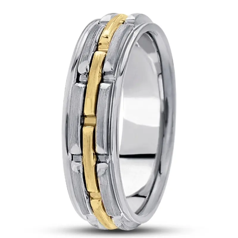 14K white-yellow-white gold 6mm. satin fancy-carved-contemporary-wedding-band - main view