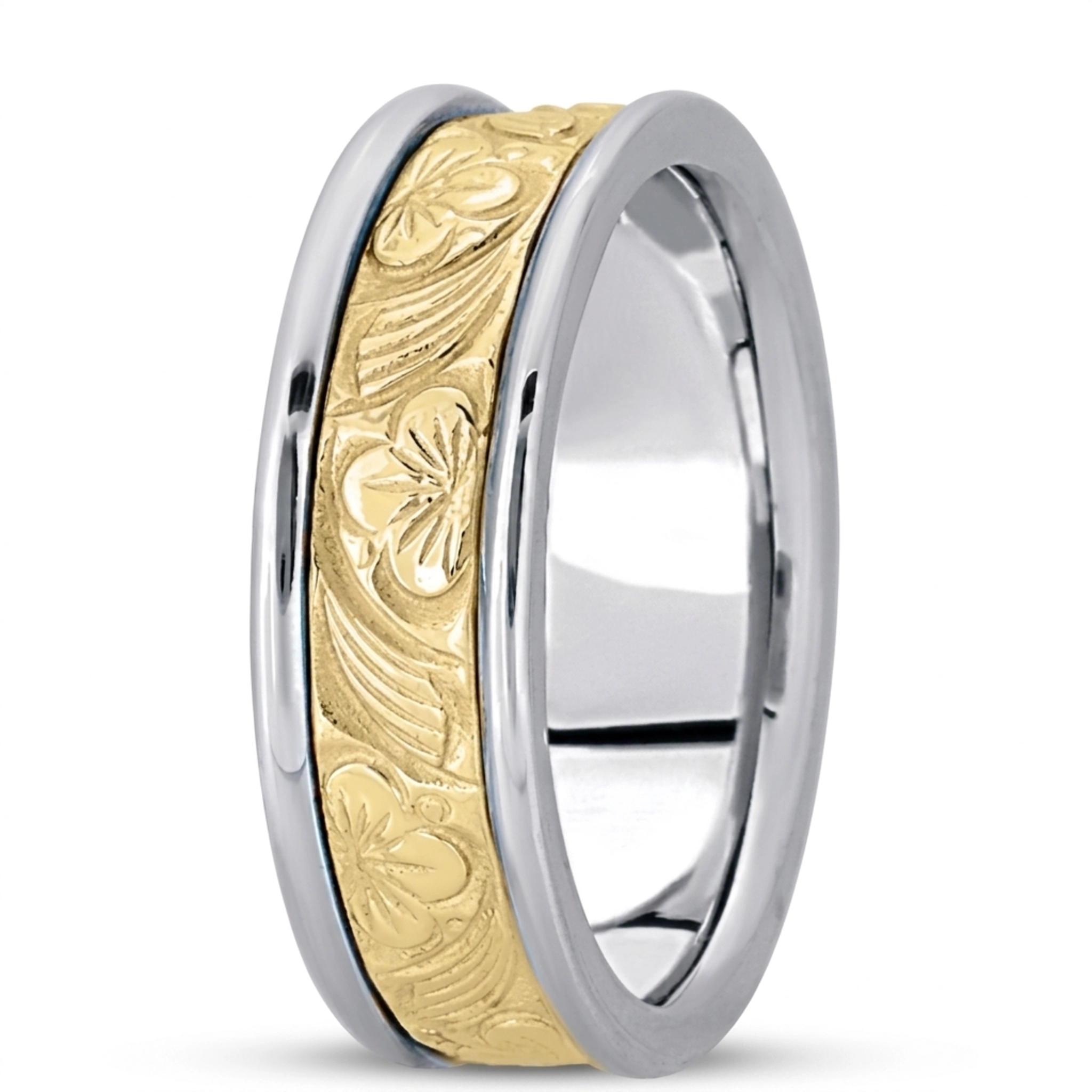 10K white-yellow-white gold 7mm. high polish hand-made-antique-wedding-band - main view