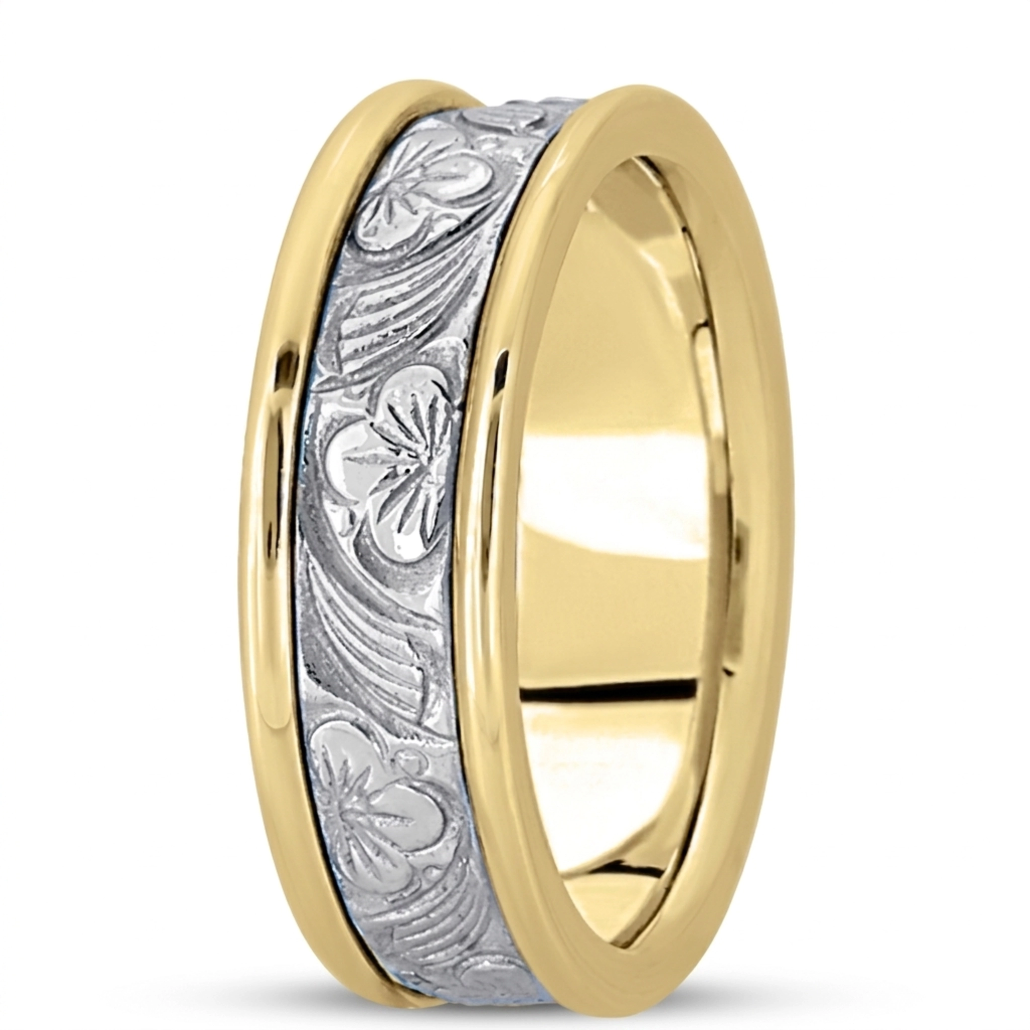 10K yellow-white-yellow gold 7mm. high polish hand-made-antique-wedding-band - alternate view 3