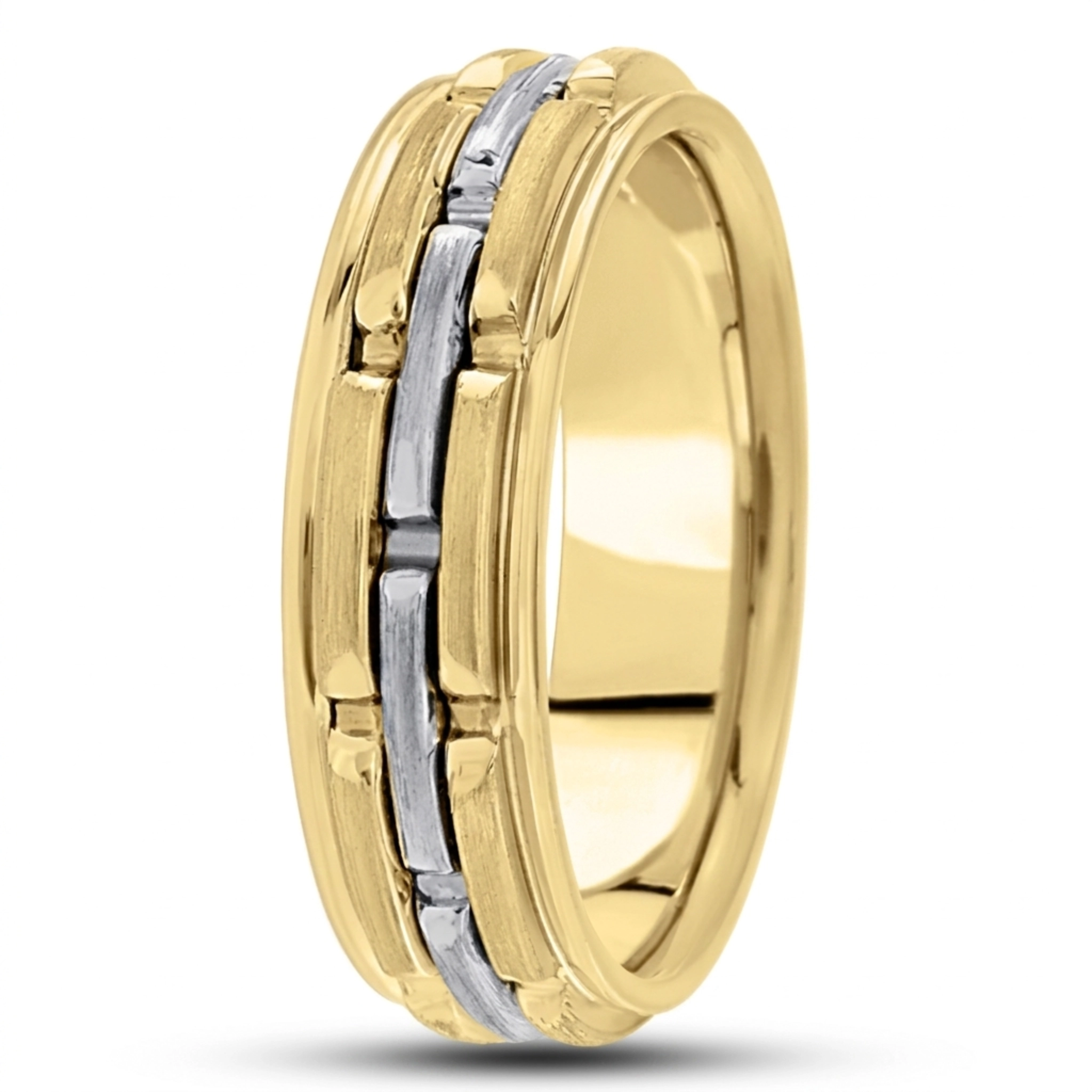 10K yellow-white-yellow gold 6mm. satin fancy-carved-contemporary-wedding-band - alternate view 5