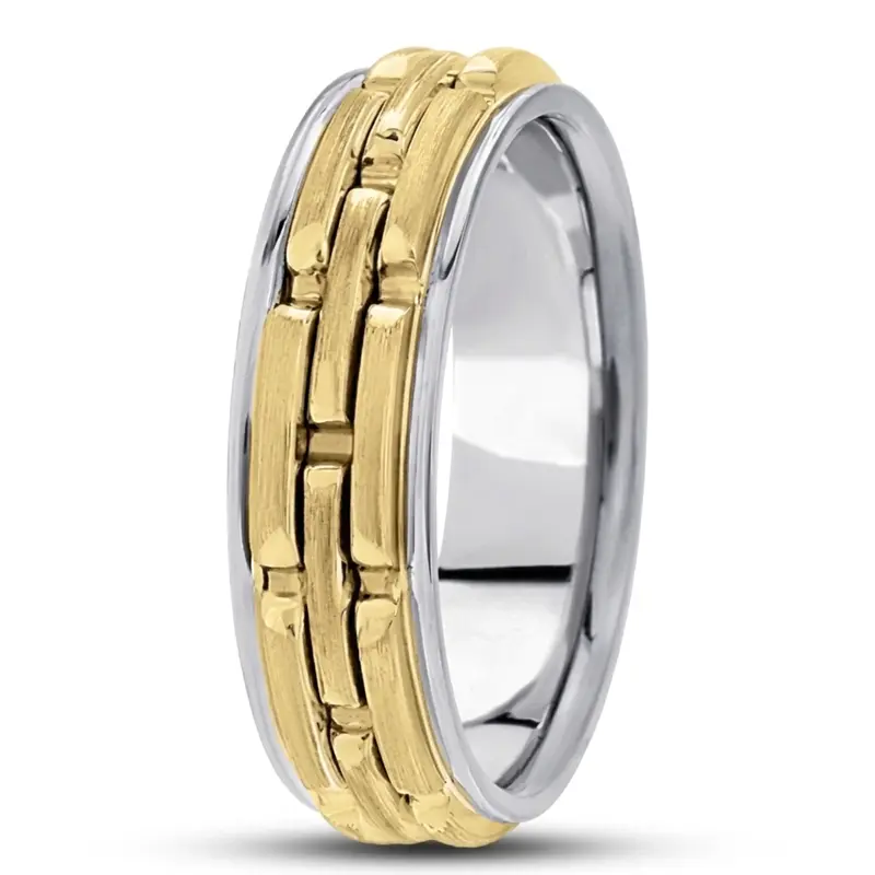 14K white-yellow-white gold 6mm. satin fancy-carved-contemporary-wedding-band - alternate view 3