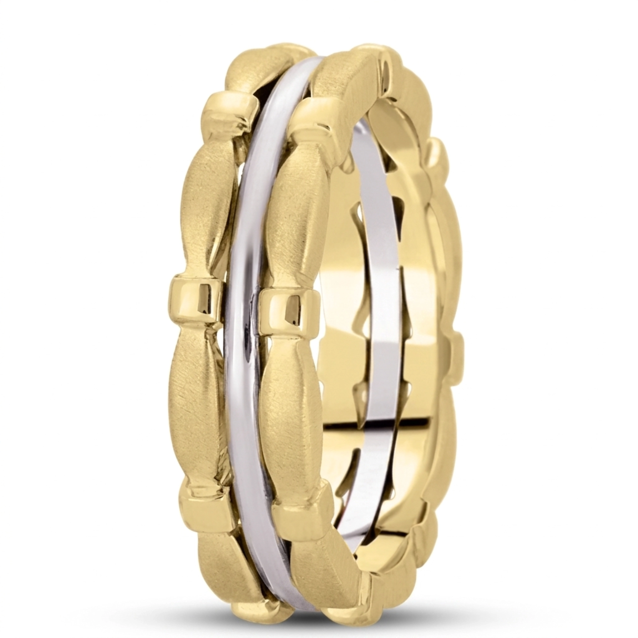 10K yellow-white-yellow gold 6mm. satin hand-made-contemporary-wedding-band - main view