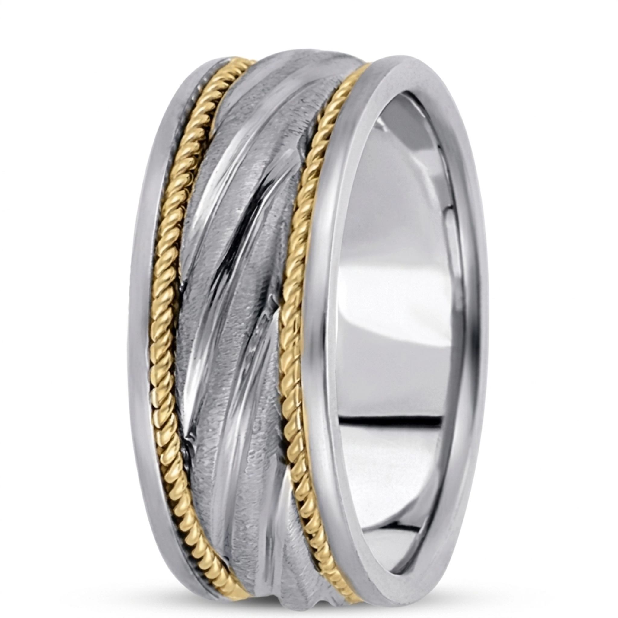 10K w-y-w-y-w gold 8.5mm. satin hand-made-hand-woven-wedding-band - main view
