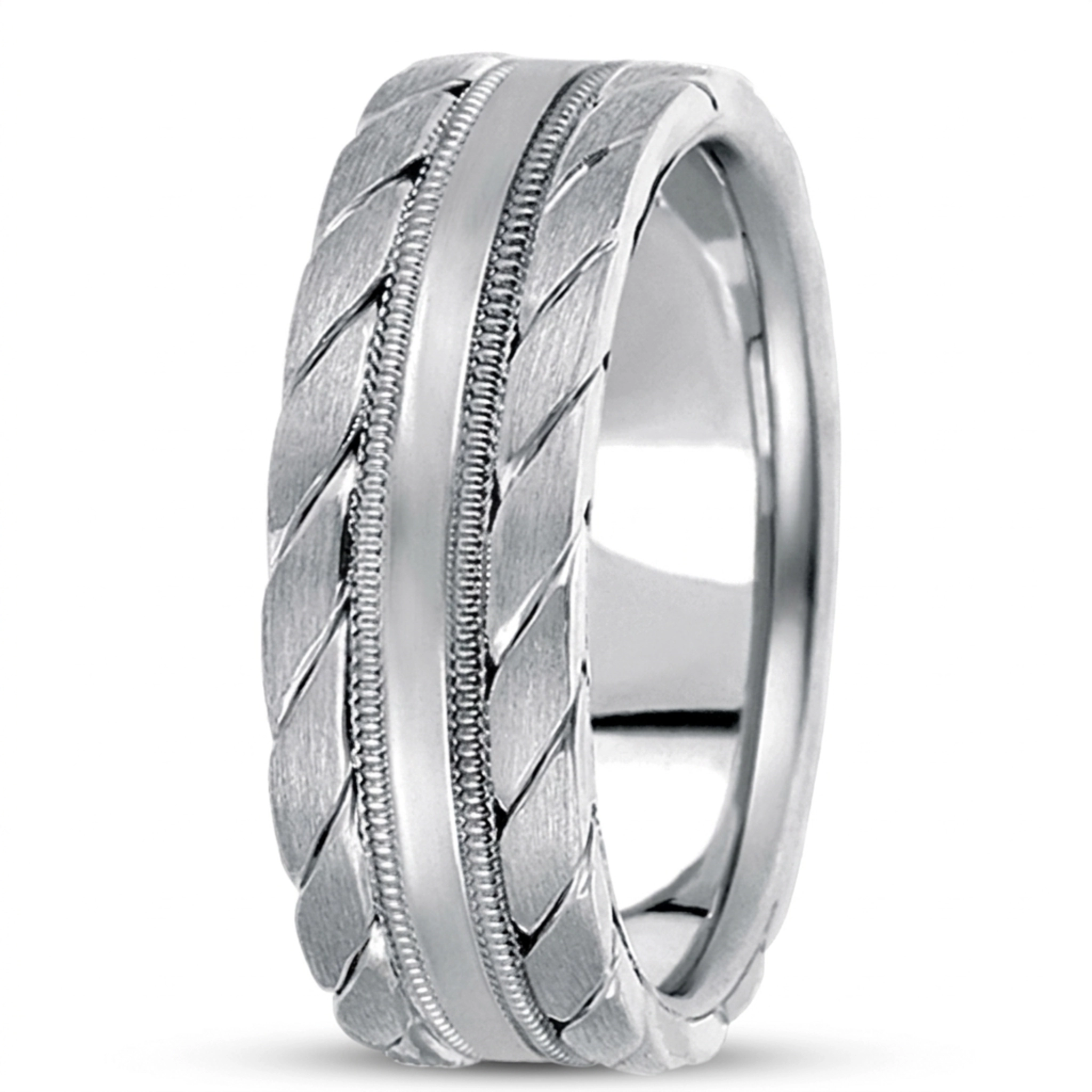 10K white gold 7.5mm. satin hand-made-hand-woven-wedding-band - main view